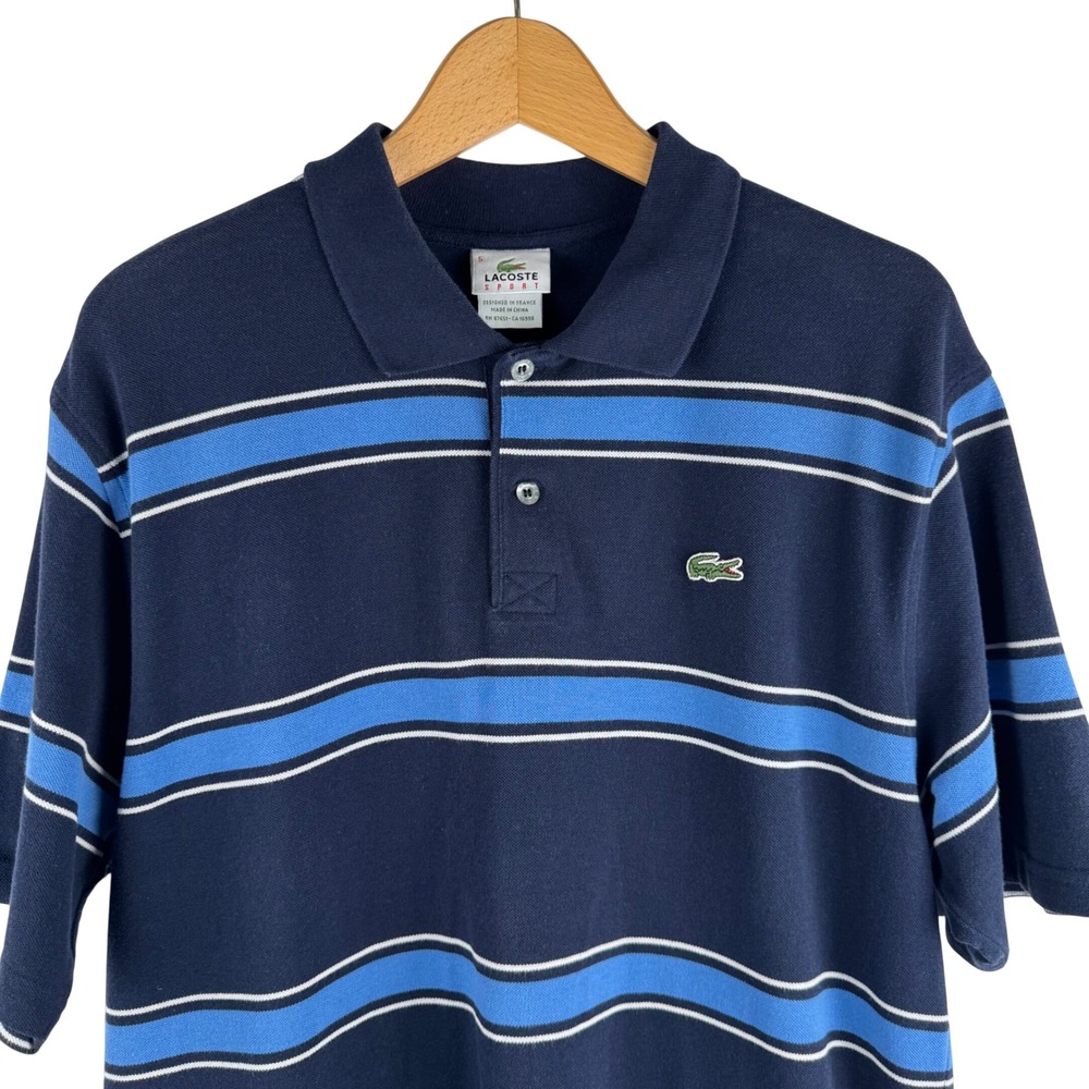 Lacoste Sport Navy Blue Striped Polo Shirt Mens Large Pique Short Sleeve Logo